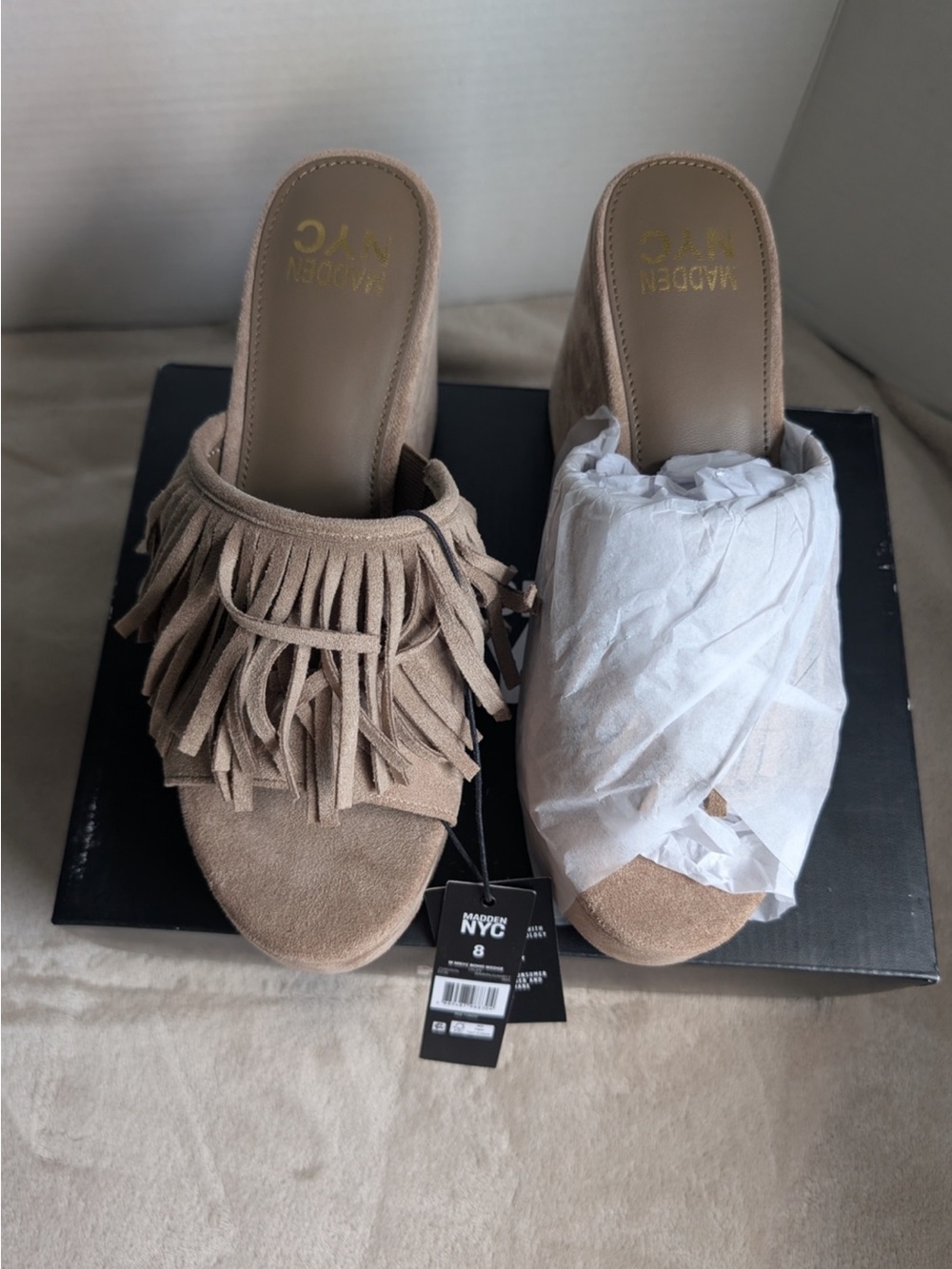 Steve Madden Tan Suede Fringe Slide Mules